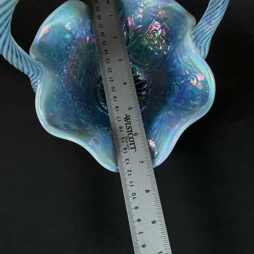 Fenton Iridescent Blue Carnaval Glass Basket h8